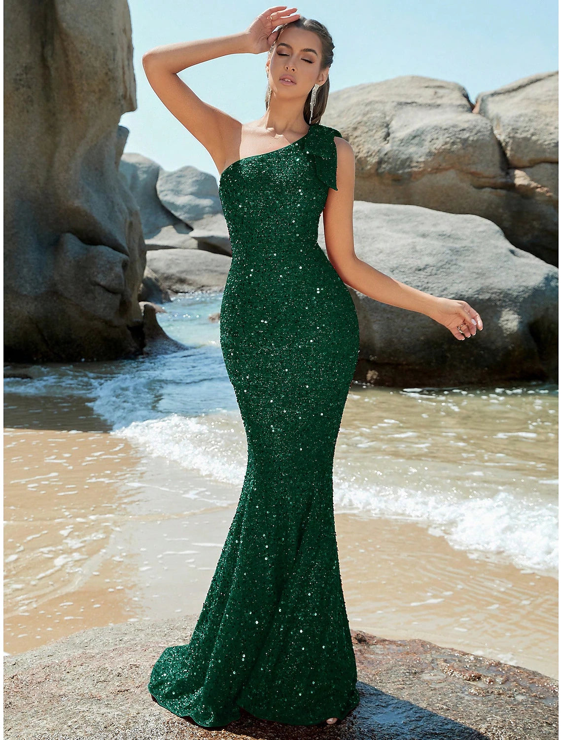 Mermaid Trumpet Evening Gown Sparkle Shine Dress Formal Fall Sweep Brush Train Sleeveless One Shoulder