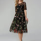 A-Line Party Dress Holiday Tea Length Half Sleeve Illusion Neck Organza with Embroidery