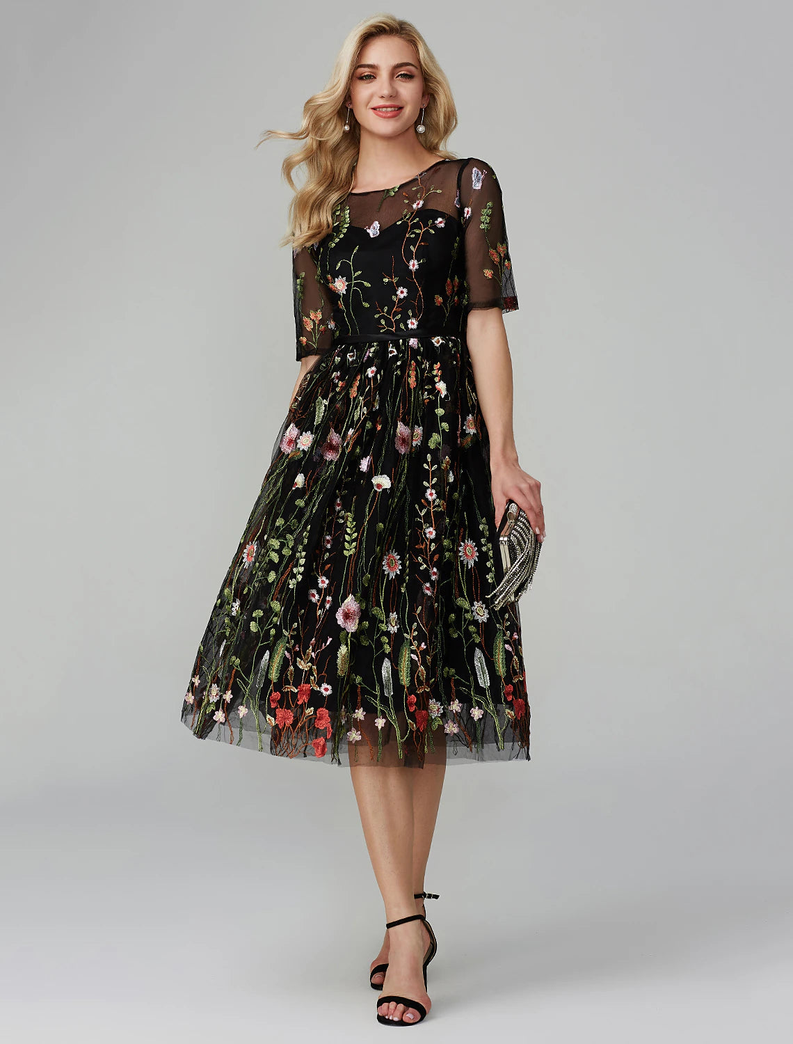 A-Line Party Dress Holiday Tea Length Half Sleeve Illusion Neck Organza with Embroidery