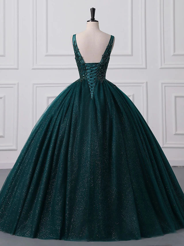 Ball Gown Prom Dresses Sparkle & Shine Dress Quinceanera Floor Length Sleeveless V Neck Tulle with Sequin