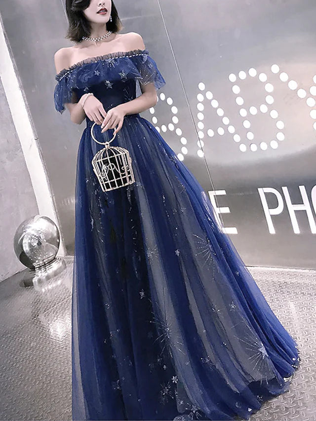 Fairy Prom Dress Sparkle Party Dress Off Shoulder Short Sleeve Floor Length Tulle with Sequins