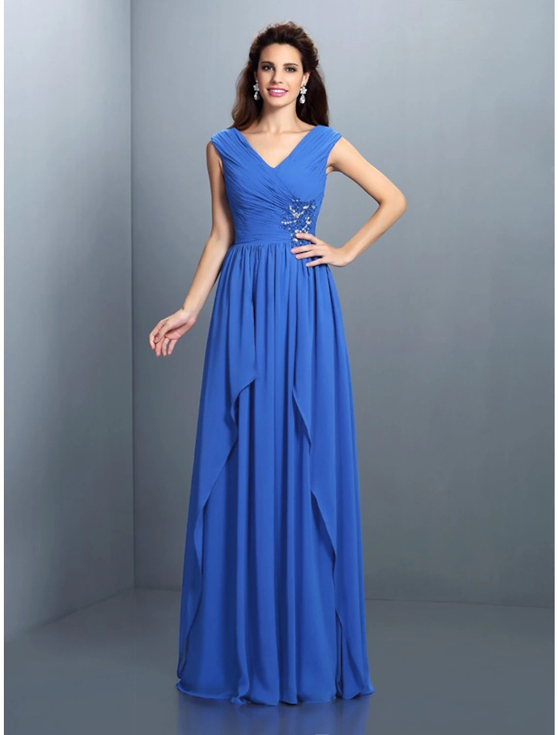 A-Line Evening Gown Sparkle & Shine Dress Wedding Guest Wedding Party Floor Length Sleeveless V Neck Bridesmaid Dress Chiffon