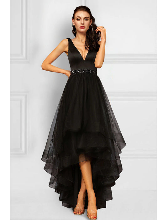 A-Line Cocktail Dresses Elegant Dress Party Wear Wedding Party Asymmetrical Sleeveless V Neck Organza with Rhinestone