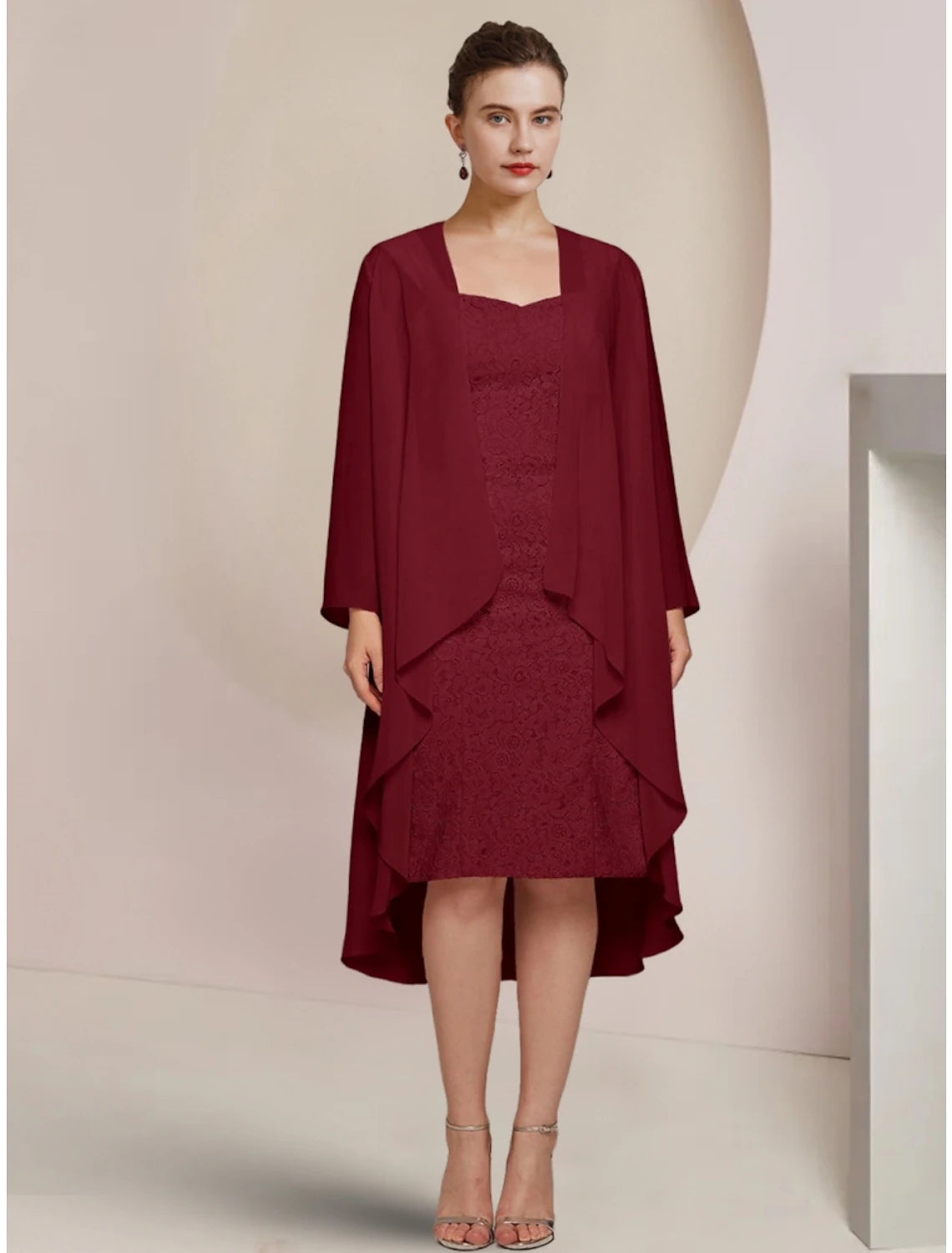 A-Line Mother of the Bride Dress Wedding Guest Elegant Petite Square Neck Knee Length Chiffon Long Sleeve with Ruching