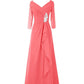 A-Line Minimalist Elegant Wedding Guest Formal Evening Dress V Neck Half Sleeve Floor Length Chiffon with Draping