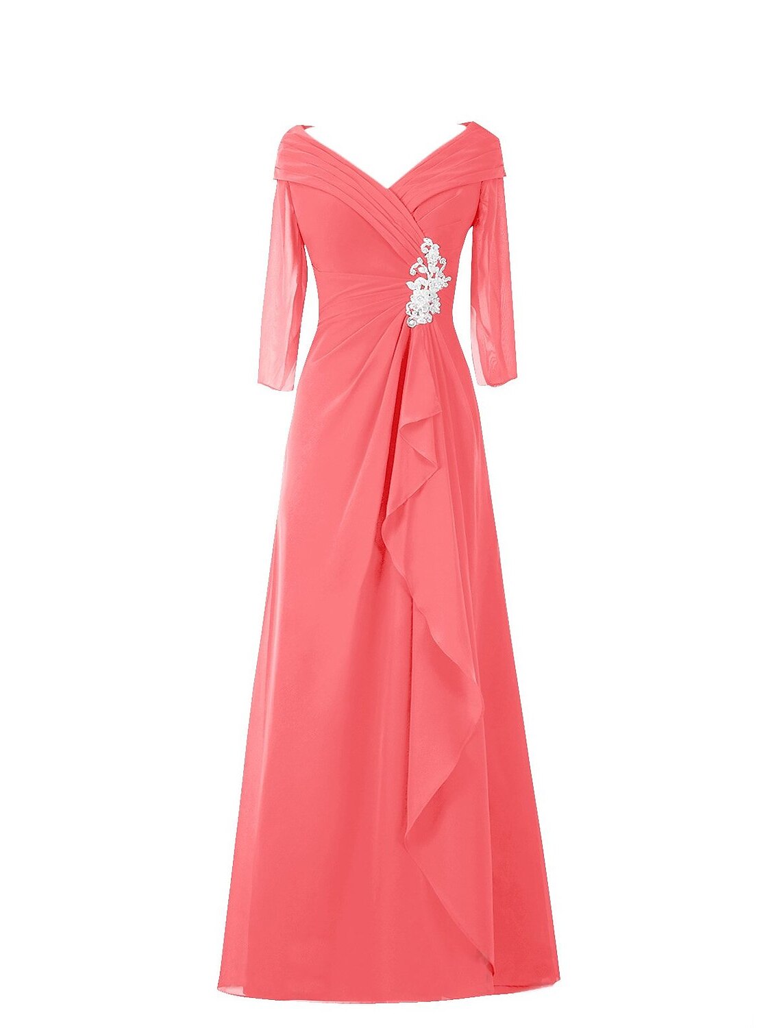 A-Line Minimalist Elegant Wedding Guest Formal Evening Dress V Neck Half Sleeve Floor Length Chiffon with Draping