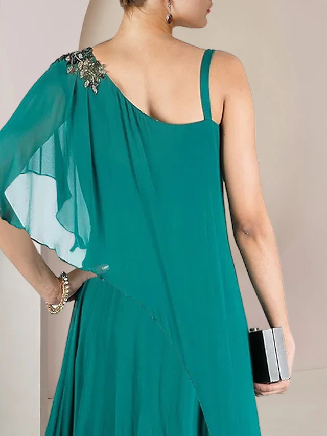 A-Line Mother of the Bride Dress Formal Wedding Guest Elegant One Shoulder Floor Length Chiffon Sleeveless with Pleats