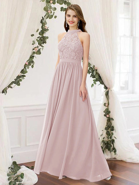 A-Line Bridesmaid Dress Jewel Neck Sleeveless Elegant Floor Length Chiffon / Lace with Pleats Pure Color