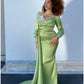 A-Line Evening Gown Sparkle & Shine Dress Formal Fall Court Train Long Sleeve Square Neck Satin with Glitter
