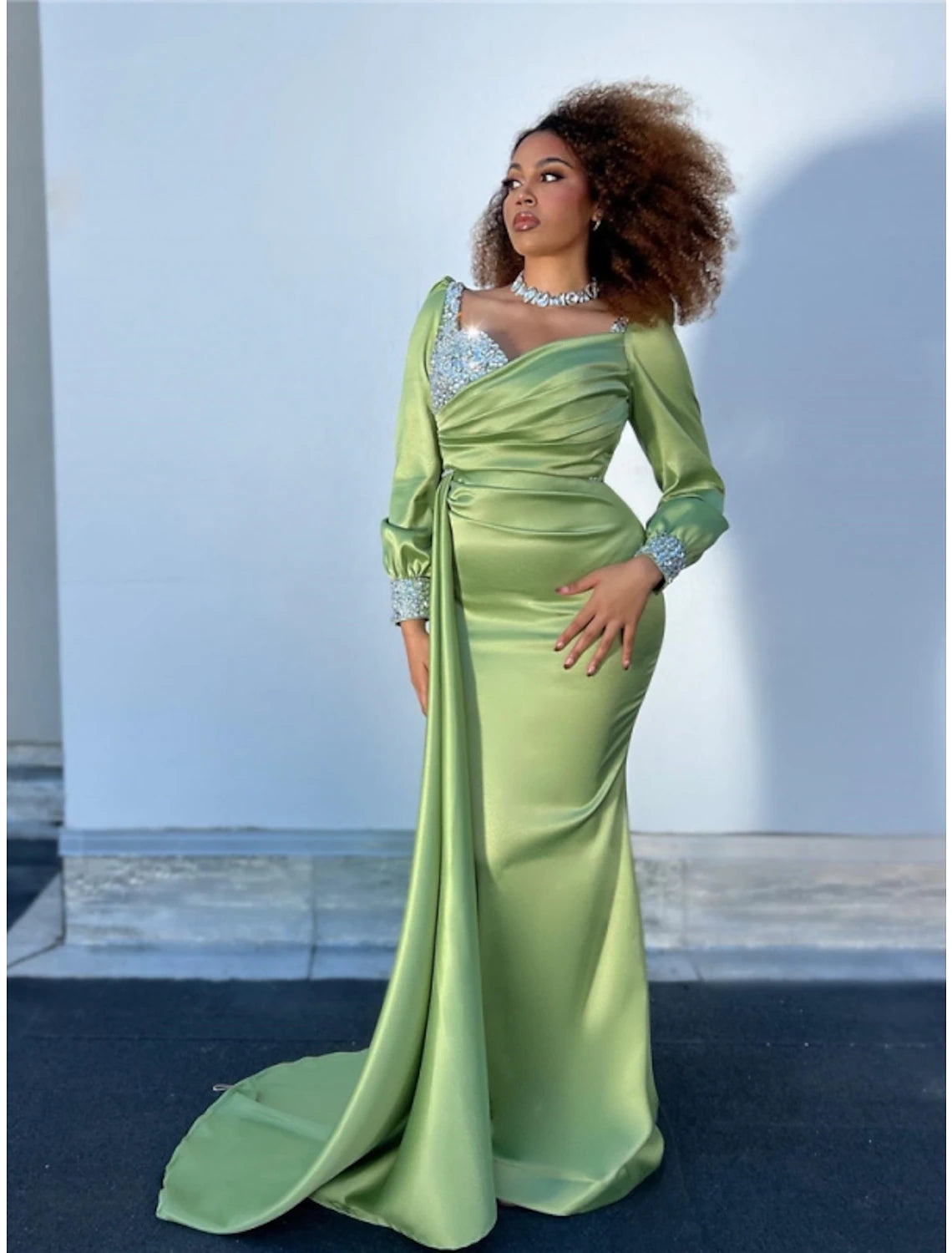 A-Line Evening Gown Sparkle & Shine Dress Formal Fall Court Train Long Sleeve Square Neck Satin with Glitter