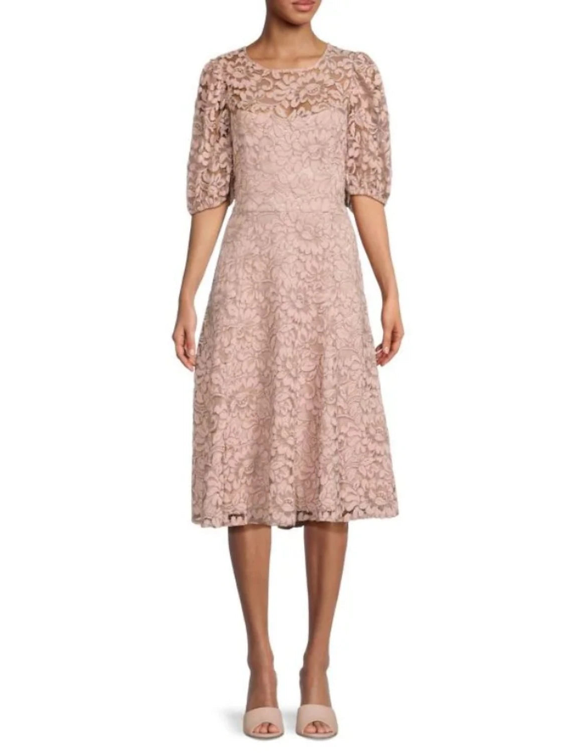 A-Line Mother of the Bride Dress Wedding Guest Elegant Petite Scoop Neck Knee Length Lace Half Sleeve with Ruching