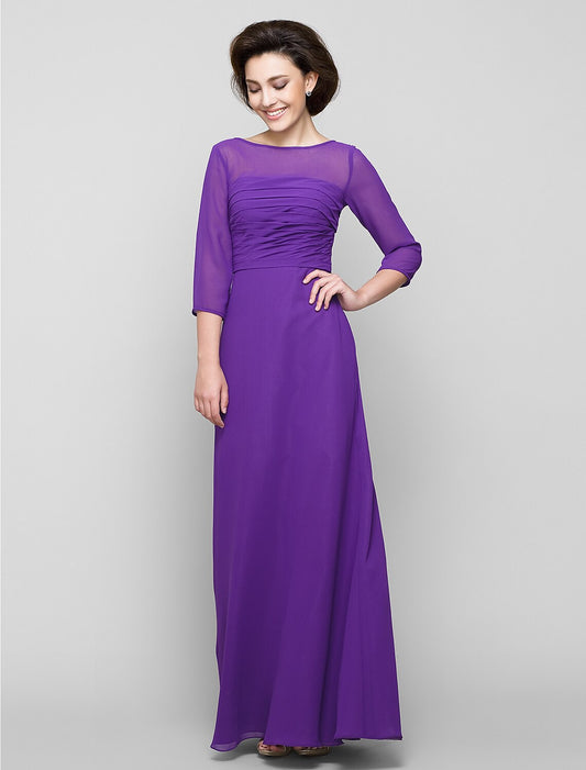 A-Line Mother of the Bride Dress Elegant Scoop Neck Ankle Length Chiffon 3/4 Length Sleeve