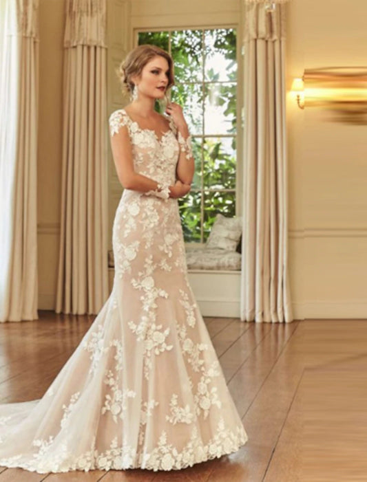 Engagement Formal Wedding Dresses Mermaid / Trumpet Illusion Neck Long Sleeve Court Train Lace Bridal Gowns