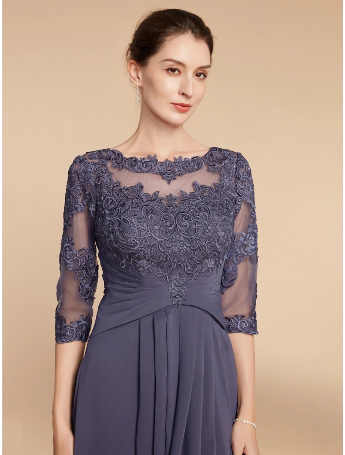 A-Line Mother of the Bride Dress Wedding Guest Elegant Scoop Neck Ankle Length Chiffon Lace 3/4 Length Sleeve