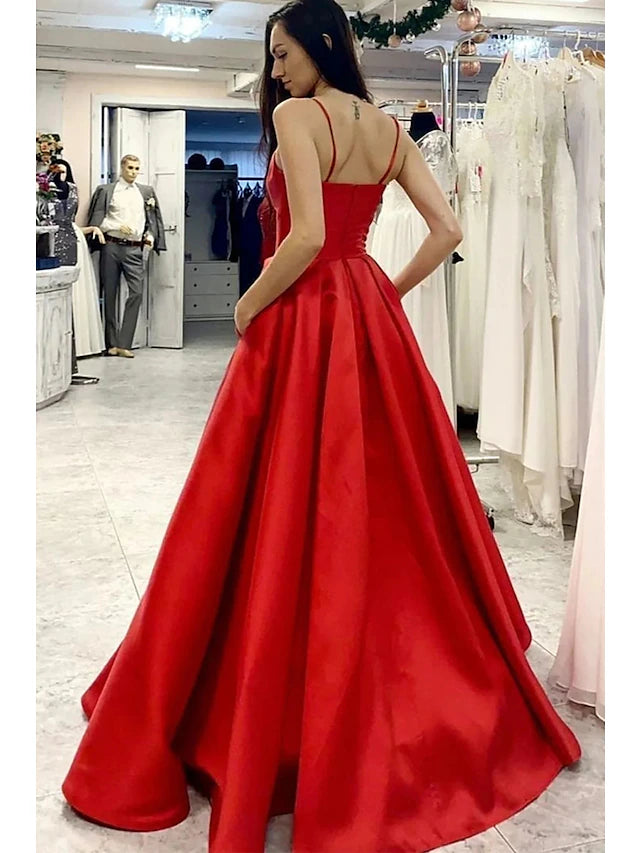 A-Line Prom Dresses Minimalist Dress Formal Floor Length Sleeveless V Neck Pocket Satin