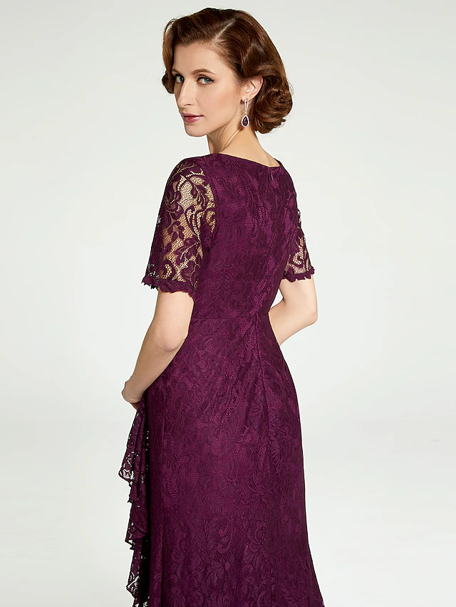 Sheath / Column Mother of the Bride Dress V Neck Floor Length Lace Short Sleeve with Lace