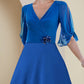 A-Line Mother of the Bride Dress Wedding Guest Party Elegant V Neck Asymmetrical Chiffon Half Sleeve with Crystal Brooch