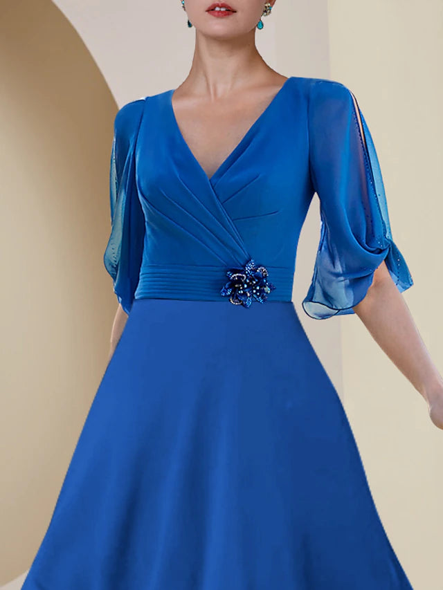 A-Line Mother of the Bride Dress Wedding Guest Party Elegant V Neck Asymmetrical Chiffon Half Sleeve with Crystal Brooch