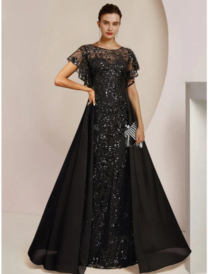 A-Line Mother of the Bride Dress Wedding Guest Elegant Scoop Neck Floor Length Chiffon Lace Sequined Short Sleeve with Sequin Ruching