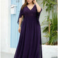 A-Line Mother of the Bride Dress Plus Size Elegant V Neck Floor Length Chiffon Tulle Half Sleeve with Sash