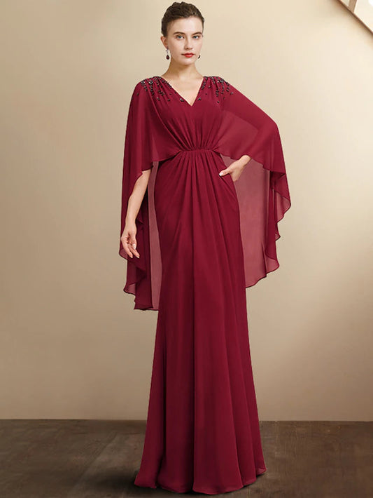 A-Line Mother of the Bride Dress Plus Size Elegant V Neck Floor Length Chiffon Half Sleeve with Pleats Beading