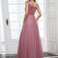 Bridesmaid Dress V Neck Sleeveless Elegant Floor Length Tulle / Sequined with Draping / Tier