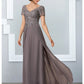 A-Line Mother of the Bride Dress Elegant V Neck Floor Length Chiffon Lace Short Sleeve with Pleats