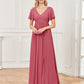 A-Line Evening Gown Empire Dress Party Wear Floor Length Short Sleeve V Neck Chiffon V Back