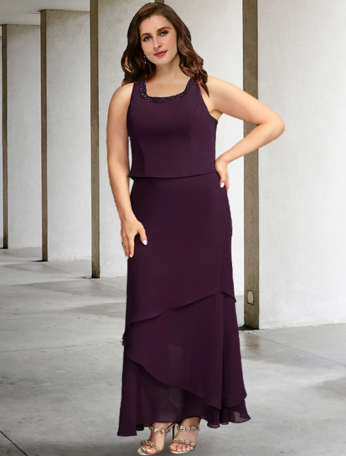 Two Piece A-Line Plus Size Curve Mother of the Bride Dresses Elegant Dress Formal Ankle Length Sleeveless Square Neck Chiffon with Beading