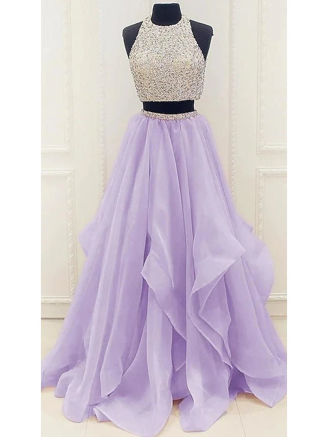 Two Piece Ball Gown Prom Dresses Sparkle & Shine Dress Party Wear Floor Length Sleeveless Halter Organza