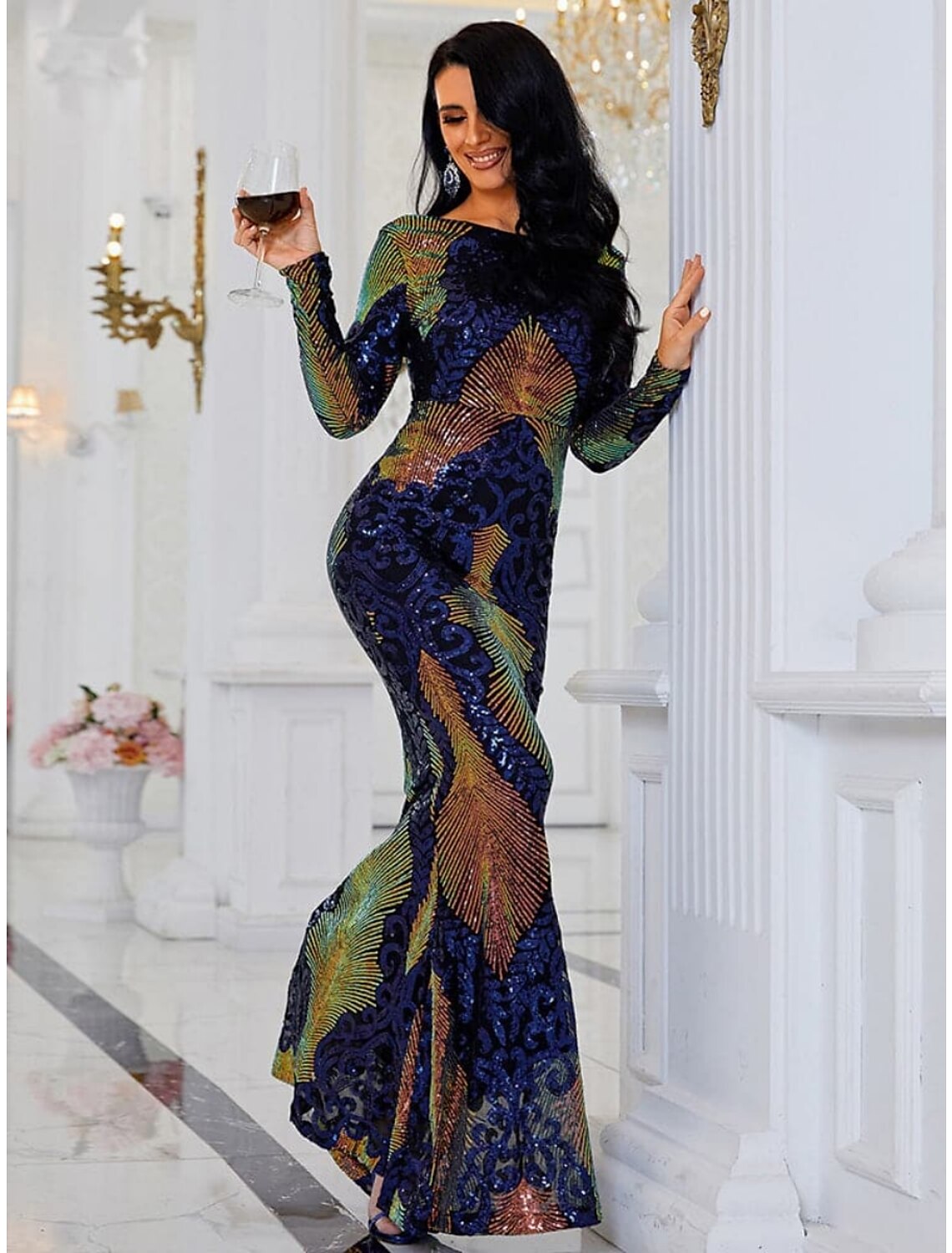 Mermaid / Trumpet Evening Gown Elegant Dress Formal Sweep / Brush Train Long Sleeve Scoop Neck Sequined with Glitter