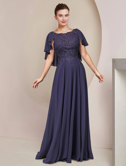 A-Line Mother of the Bride Dress Formal Wedding Guest Elegant Scoop Neck Floor Length Chiffon Lace Sleeveless with Pleats