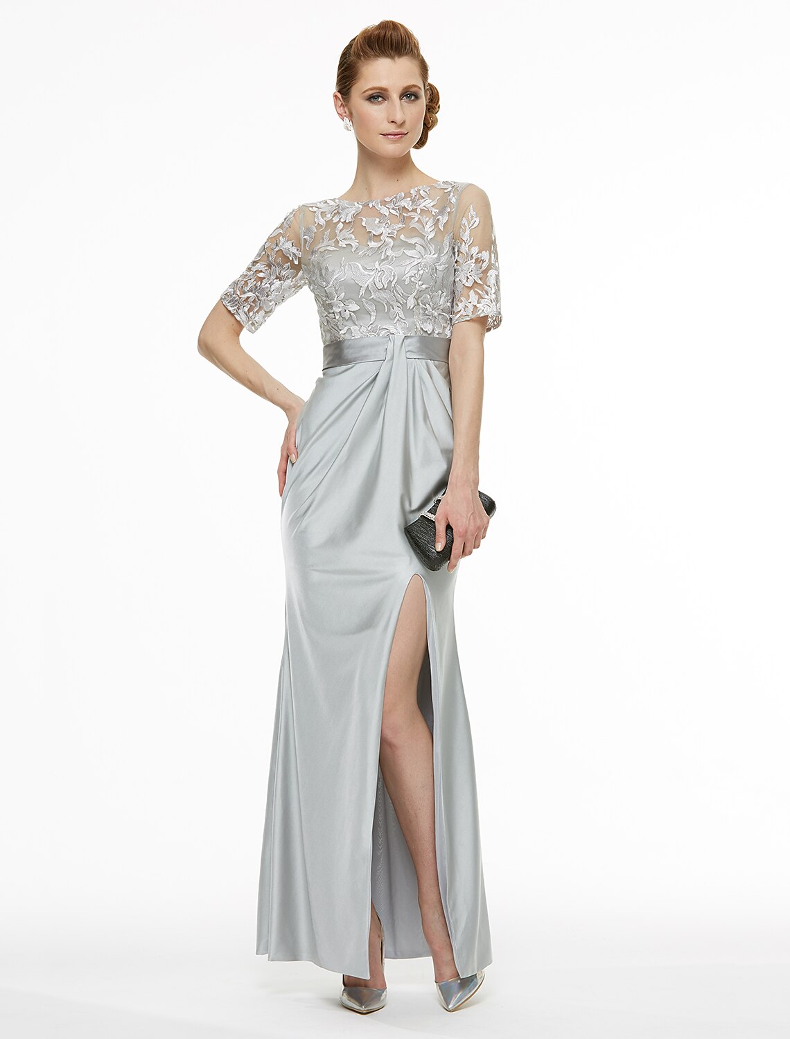 Sheath / Column Bateau Neck Ankle Length Lace / Jersey Mother of the Bride Dress with Lace