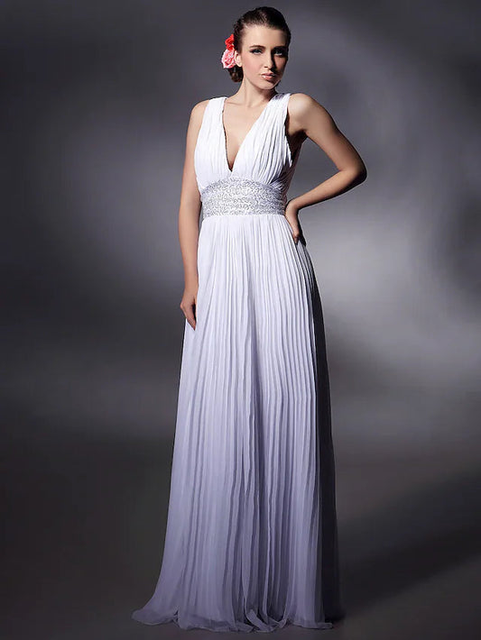 Sheath / Column Celebrity Style Dress Prom Floor Length Sleeveless Plunging Neck Chiffon with Beading