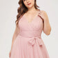 A-Line Bridesmaid Dress V Neck Sleeveless Plus Size Floor Length Tulle with Bow(s) / Ruching