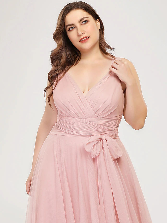 A-Line Bridesmaid Dress V Neck Sleeveless Plus Size Floor Length Tulle with Bow(s) / Ruching