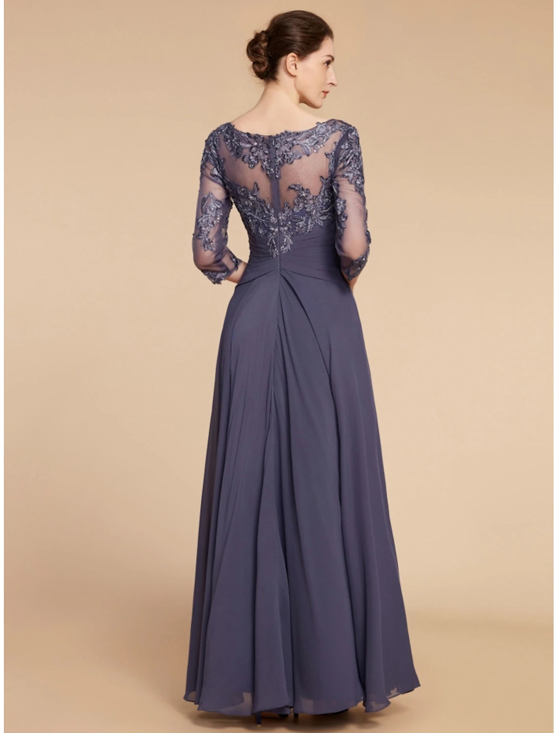 A-Line Mother of the Bride Dress Wedding Guest Elegant Scoop Neck Floor Length Chiffon Lace 3/4 Length Sleeve with Ruching