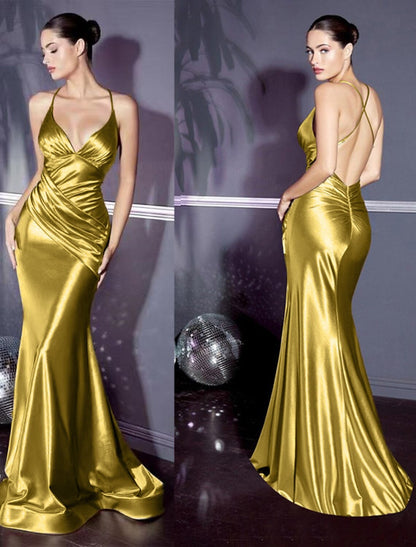 Mermaid / Trumpet Evening Gown Elegant Dress Engagement Sweep / Brush Train Sleeveless V Neck Satin with Criss Cross