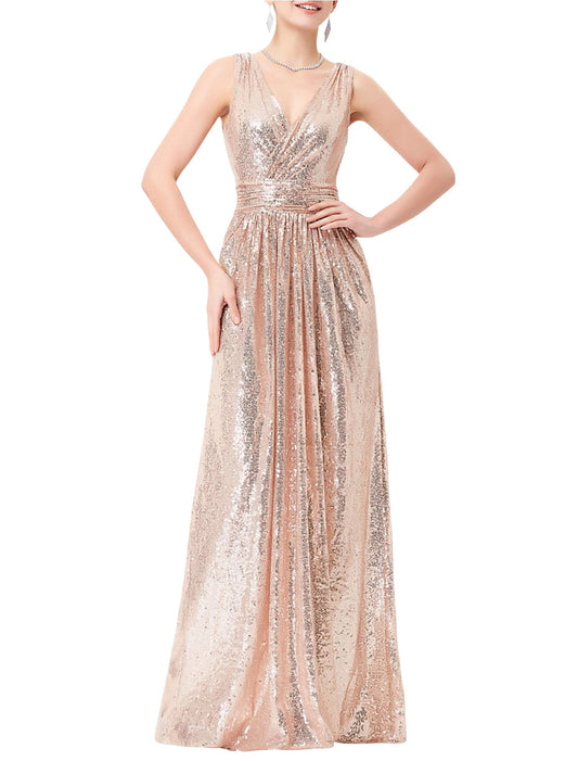 Sheath / Column Prom Dresses Sexy Dress Formal Floor Length Sleeveless V Neck Sequined with Pleats