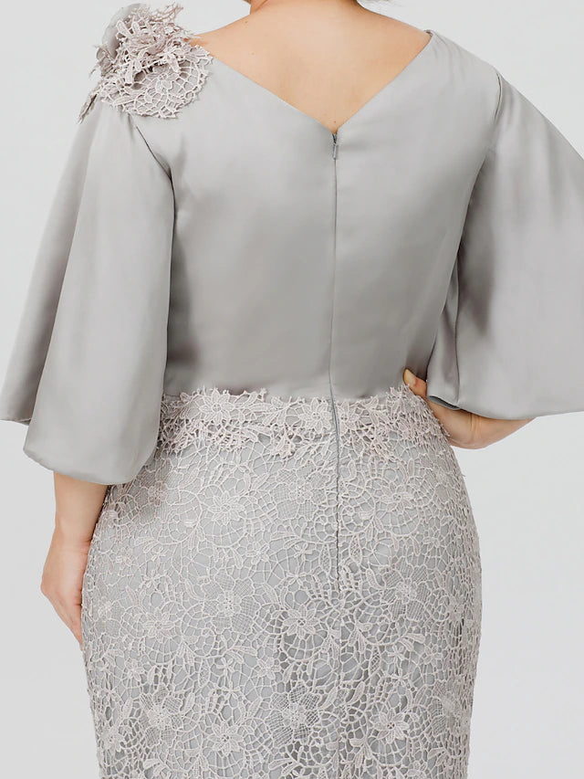 Mermaid / Trumpet Mother of the Bride Dress Plus Size Sexy Cowl Neck Sweep / Brush Train Satin Chiffon Lace Over Satin Half Sleeve