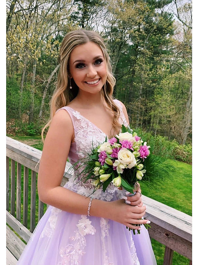 Ball Gown A-Line Prom Dresses Color Block Dress Formal Floor Length Sleeveless V Neck Tulle Backless V Back with Beading