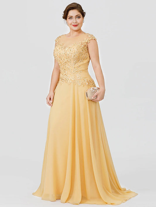 A-Line Mother of the Bride Dress Plus Size Elegant Illusion Neck Sweep / Brush Train Chiffon Beaded Lace Short Sleeve No with Bow(s)