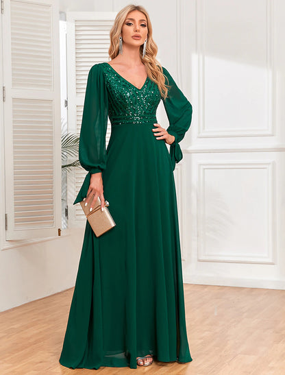 A-Line Evening Gown Empire Dress Evening Party Wedding Reception Floor Length Long Sleeve V Neck Fall Wedding Guest Chiffon V Back