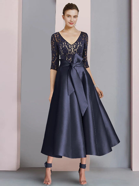 A-Line Mother of the Bride Dress Wedding Guest Vintage Elegant V Neck Ankle Length Satin Lace Half Sleeve with Bow(s)