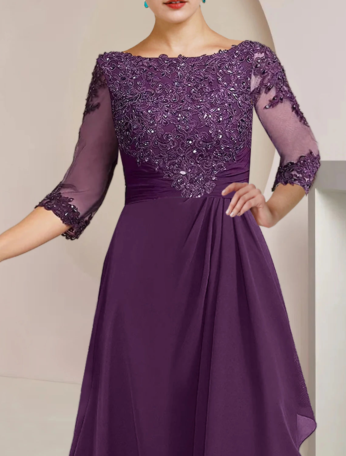 A-Line Mother of the Bride Dress Formal Wedding Guest Elegant High Low Scoop Neck Asymmetrical Floor Length Chiffon Lace 3/4 Length Sleeve with Beading Sequin