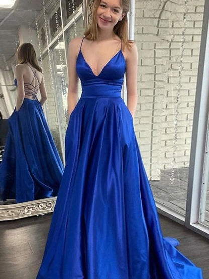 A-Line Prom Dresses Princess Dress Formal Sweep / Brush Train Sleeveless V Neck Pocket Satin Backless