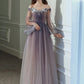 A-Line Minimalist Elegant Party Wear Prom Dress Off Shoulder Long Sleeve Floor Length Tulle