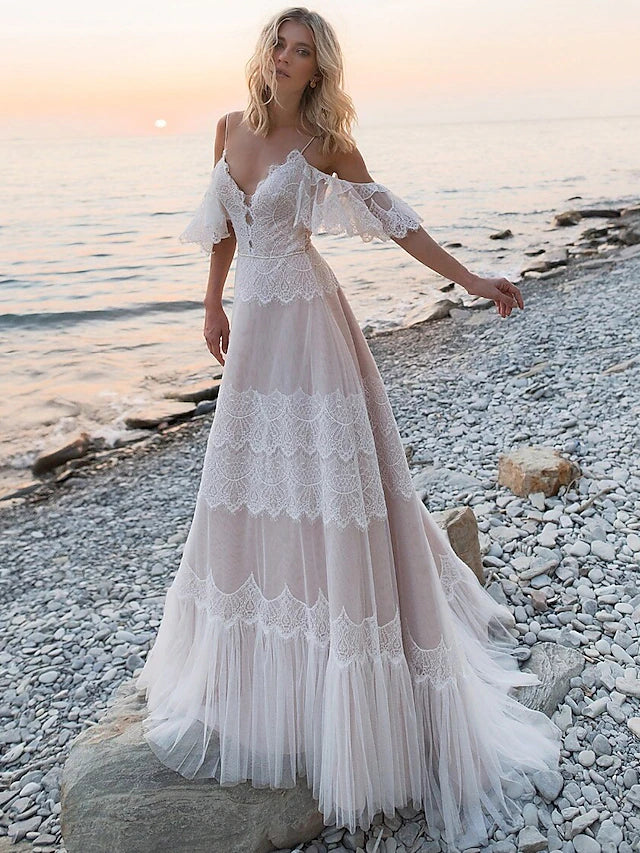Beach Open Back Boho Wedding Dresses Sweep / Brush Train A-Line Short Sleeve V Neck Lace
