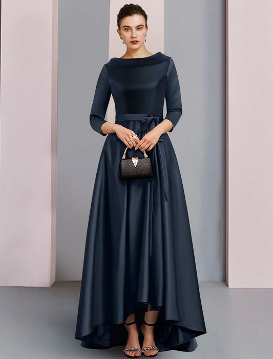 A-Line Mother of the Bride Dress Formal Wedding Guest Elegant High Low Bateau Neck Asymmetrical Ankle Length Satin 3/4 Length Sleeve