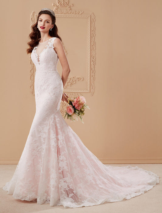 Mermaid / Trumpet Plunging Neckline Court Train Lace Tulle Wedding Dress